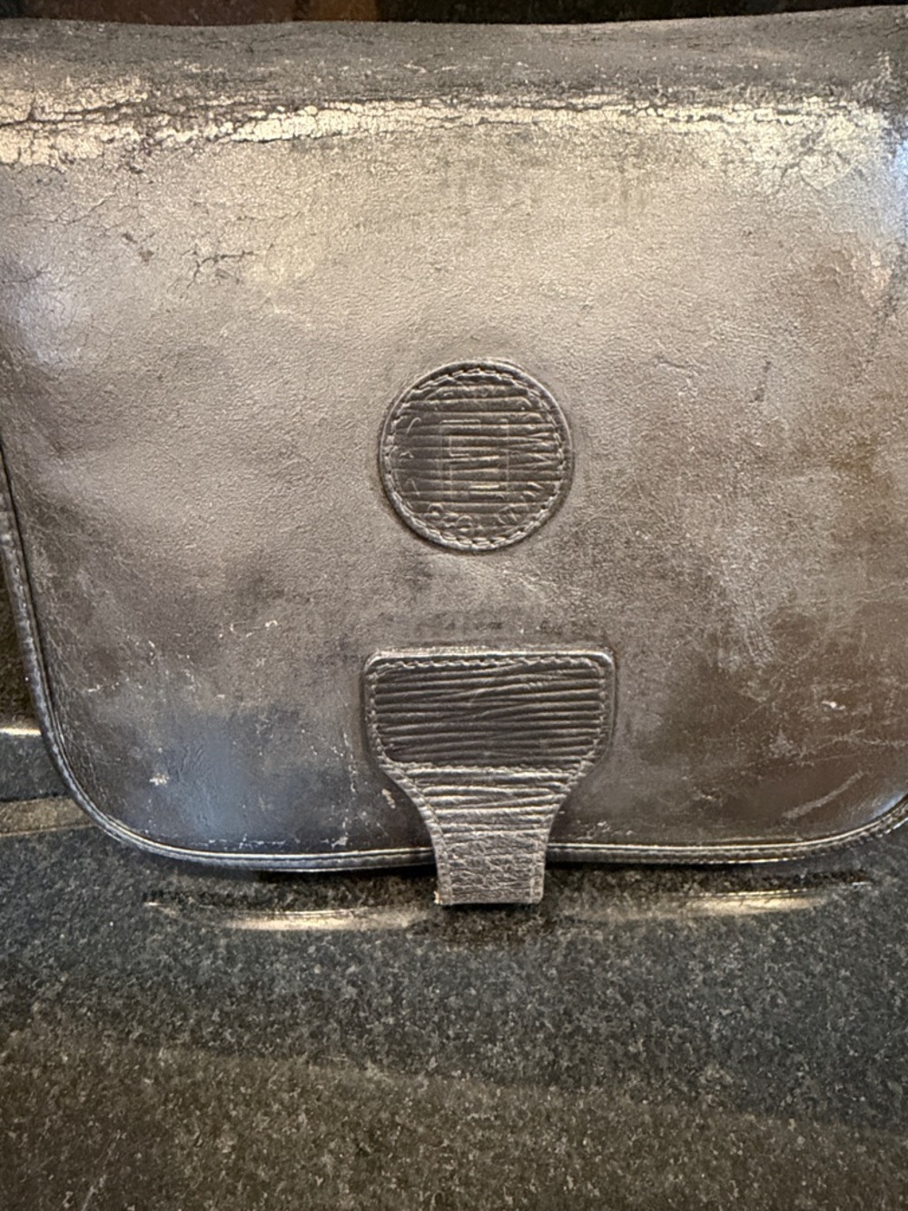 Fendi Black Leather Messenger Bag with Textured Tab VINTAGE crossbody